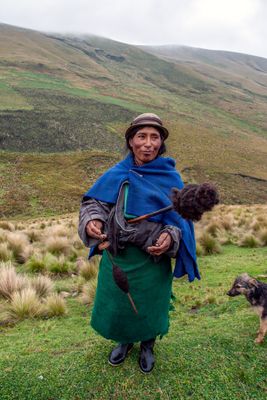 Quechua Shepherdess Spinning Llama Wool into Thread