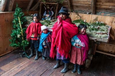Quechua Sisters with Christmas Display