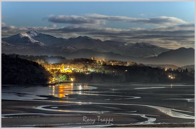Portmeirion at night with Yr Wyddfa in the background