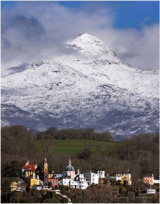 Portmeirion village with Yr Wyddfa in the background