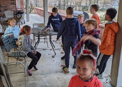 Kids on the patio
From back left: Pierce, Ruthie, Luke, Nathan (back to the camera), Caleb, Max, Samuel, Joseph and Jocelyn (foreground)