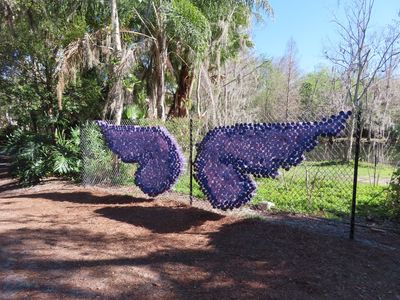 The gardens had an outdoor art exhibit of pieces created by young people using found and recycled objects. Mary documented their work. The wings were made from painted plastic water bottles stuck in a chain link fence.