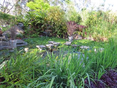 One of the water gardens, with stepping stones on pedestals in the water