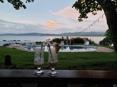 A relaxing view of Drake Bay, from the bar at the lodge, after a long day of birding