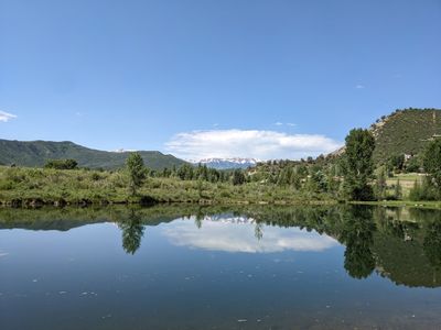 Snow-covered peaks in the distance
