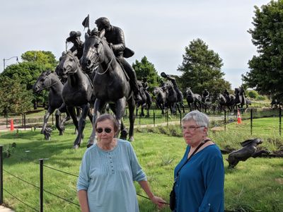 Carolyn and Ann, at the Land Run sculpture, in OKC, in August 2019