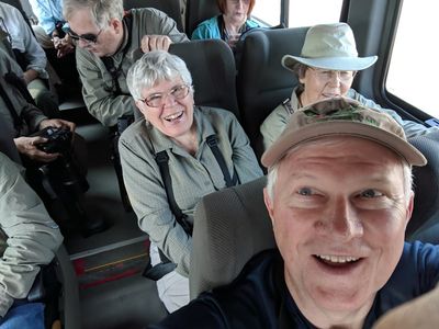 On the bus in Guayaquil, Ecuador: Jerry and Barbara Davis in back, Ann and Carolyn, and Steve. Dec 15, 2018.