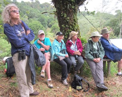 Dr. Kim Smith, seated in shorts, and Carolyn, on right, with others from out group, waiting for the Resplendent Quetzal to make an appearance. May 31, 2017.