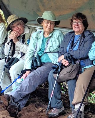 Ann, Carolyn and Mary, sitting at one of the bird-spotting sites, Ecuador. Mar 19, 2018.