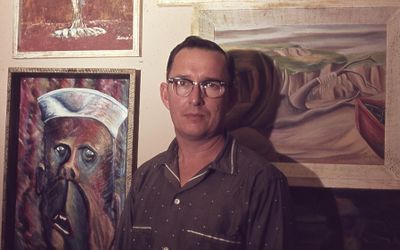 Joe Davis, with some of his paintings. At some point, to our dismay, he burned a lot of them. He studied art at OCU on the GI Bill for a while when he came back from the Navy, but I don't think he liked being a student. I think he quit school after a year or so. Then, with the help of his father-in-law, who owned a cabinet shop and was a member of the carpenters union, he and Mom's brother, Uncle Bill, became carpenters and worked in the construction business as a carpenter, then as a construction supervisor, for his entire career. But he always kept up his art--especially in the winters, when construction work might get shut down because of weather--and he always did artistic things in his free time. He painted pin stripes and spider webs on his International pickup, he carved a dog's head into the stock of his 410 shotgun, painted murals on the walls in the house, carved a boot out of a bar of soap, and made a frying pan neckerchief slide with an egg and bacon in it when I was making a clumsy attempt to carve an alligator-head neckerchief slide for a scout project.