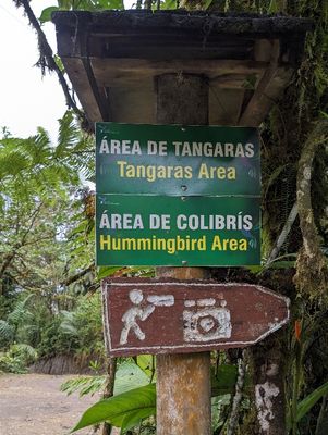 Signs noting tanager and hummingbird viewing areas