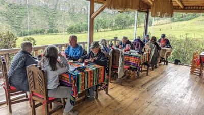 Our group at the upstairs dining area and viewing deck where we had lunch after our adventures to and from Lake Mica. Mary recorded the name of the place: Tambo Condor Bird Lodge.