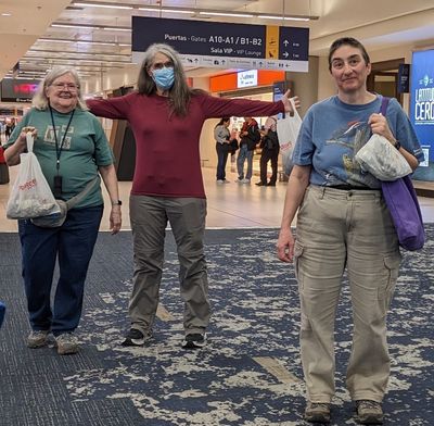 Mary, Rebecca and Nadine, returning triumphantly from their bargain purchase of matching hummingbird shirts from a shop in the Quito airport, while we were waiting for our flight back to the states.

The evening of Mon, Mar 11, 2024