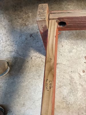 Some of the bolt connections on the swing were something I had not seen before; holes were drilled in pieces that were attached perpendicularly. In this example (a leg attached the the base), the bolt was inserted from the left and the washer and nut were attached inside the drilled hole.