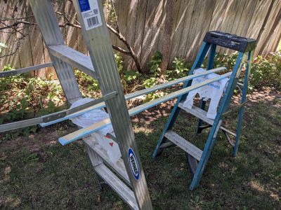 There were lots of slats and other pieces, so I used all my sawhorses, plus a couple of ladders to lay out everything.