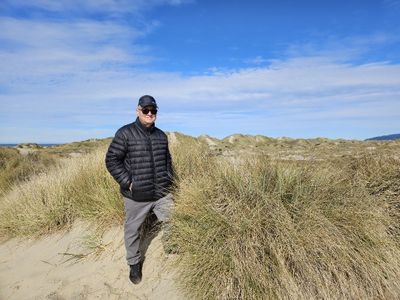 THURSDAY, OCT 24, 2024
Gerald, on the dunes at the North Jetty.
Gerald, Mary and Steve drove over to the North Jetty Thursday morning while Ron and Kathy went sand dune riding and Vicki stayed at the resort.