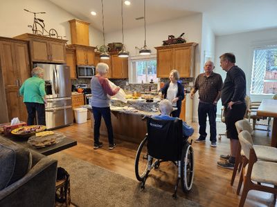 Back at the house, preparations were underway for the next birthday celebration.
Kathy, Vicki, Jackie, Kathy, Pepper and Ron.
