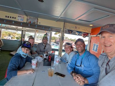 After returning with their less than stellar catch, the fishing crew had a (purchased) fish snack at a place on the pier: Max, Bryce, Seth, Owen, Josh and Steve.