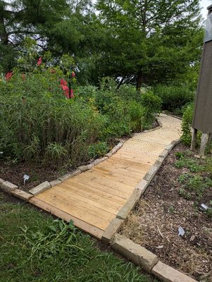 The boardwalk extends around a couple of curves as it meanders between the 2 flower beds. I cut 2-3 triangle-shaped slats and placed them in the biggest curves to reduce the angles of the side cuts of the remaining slats.