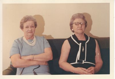 Helon McCorstin Davis, mother of James Aaron, Joseph Earl and Glenda Janiece Davis; and wife of Euritt James Davis (8Jul1906-6Nov1973)
Rudel Daisy Harper Harris, mother of James Billy, Mary Lou, Minyard Billy and Patty Sue Harris; and wife of Minyard Alexander Harris (31Jul1904-31Aug1992)
Photo taken in the front room of Joe and Mary Lou Davis, OKC, OK

