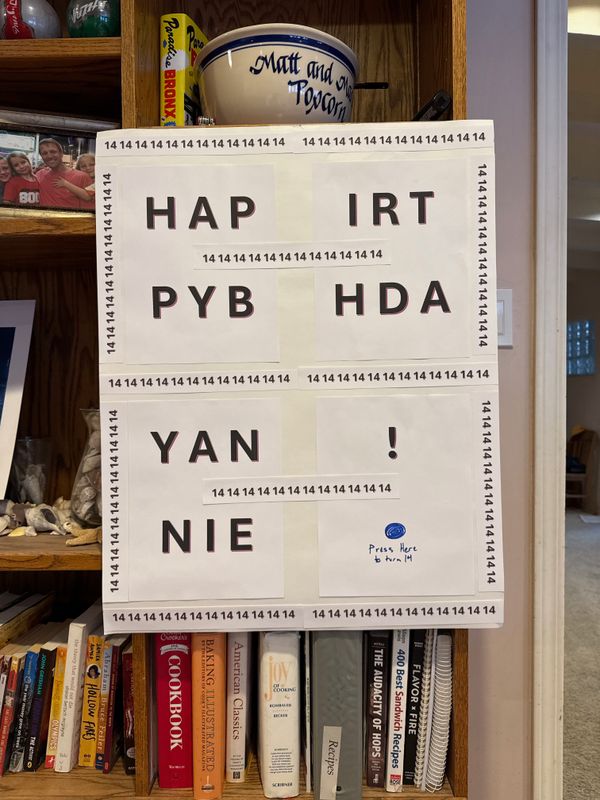 Annie is 14!  HAP PY B IRT HDA YAN NIE !  Press here to turn 14.