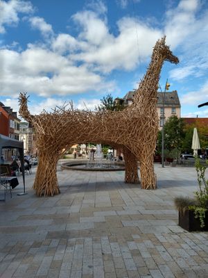 2025/09/03: Brontoraffe-poodle cross on the square in Saverne