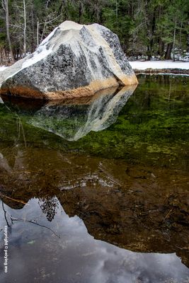 Reflections of both a rock and Half Dome sillouette in Mirror Lake