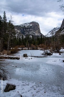 Mirror Lake is frozen in places