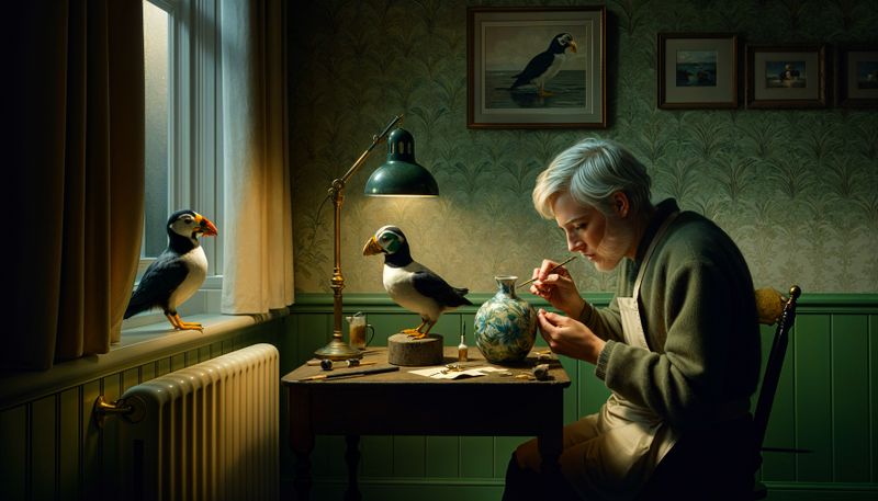 ceramic painter with puffin