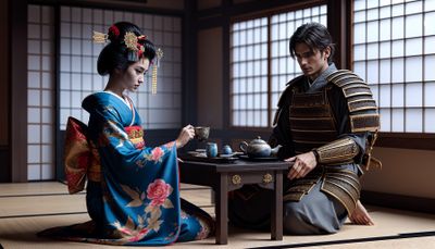 in old japan a geisha serve tea to a samurai