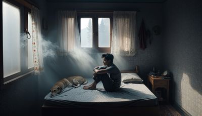 man and his dog, cold morning