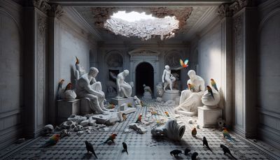 abonded sculptulre gallery with parrots