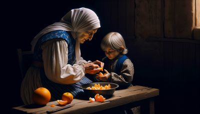 in the middle ages - grandmother sharing an orange