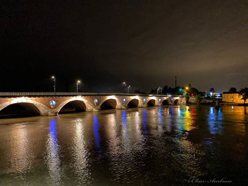 Libourne Arch Bridge over the Dordogne River at night