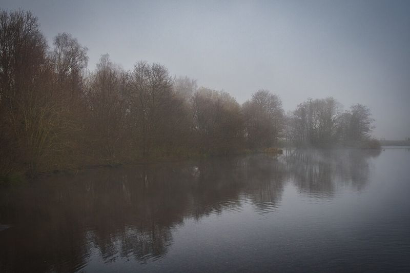 A foggy top lake.