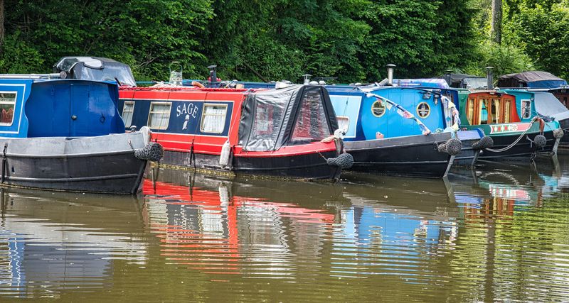 Narrow boats at Goytre Wharf on the Brecon and Monmouthshire Canal. 
