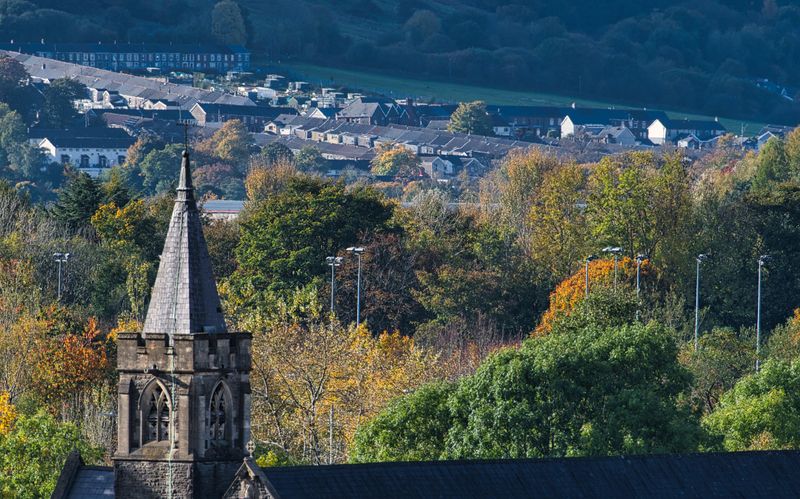 St Magarets Church steeple with the hayfield in Aberaman in the distance.