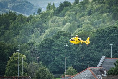 One of the two air ambulances that attended a serious road collision in Mountain Ash.