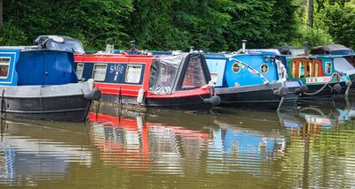 Narrow boats at Goytre Wharf on the Brecon and Monmouthshire Canal.