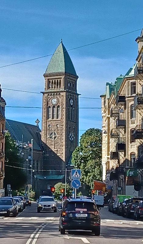 The Vasa Church Belltower founded in 1909, built in a Neo-Romanesque style, of granite that was brought from Bohuslän