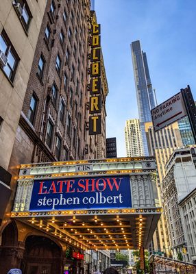 Marquee for the ‘Late Show with Stephen Colbert’ in Times Square at the Ed Sullivan Theater in New York City