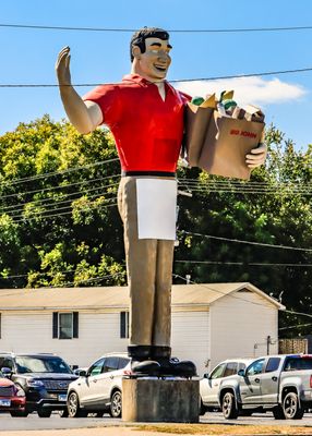 Big John towering over the street at Big John Grocery store in Metropolis Illinois