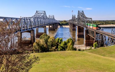 Vicksburg I-20 auto and rail bridges over the Mississippi River at Vicksburg Mississippi
