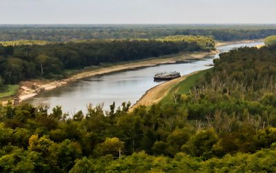 Grounded barge on the Yazoo River as seen from the Vicksburg National Military Park in Mississippi