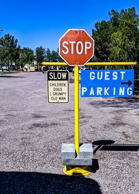 Sign lowballing the number of ‘grumpy old’ men at the Sunny Acres RV Park in Las Cruses New Mexico