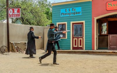 Doc Holiday and Virgil and Morgan Earp advance at the Gunfight at the OK Corral
