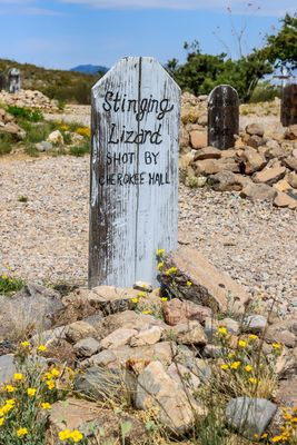 Tombstone of Stinging Lizard, shot by Cherokee Hall, at Boothill Grave Yard