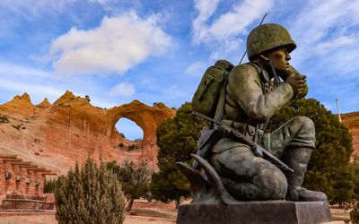 Window Rock and the Navajo Code Talkers statue in the Navajo Nation at Window Rock