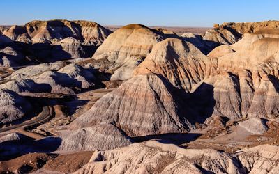 Brightly colored badlands from an overlook into the Blue Mesa Trail in Petrified Forest NP
