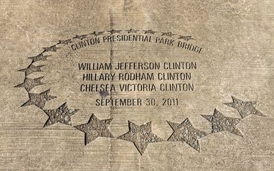 Dedication marker for the Clinton Presidential Park Bridge in Little Rock